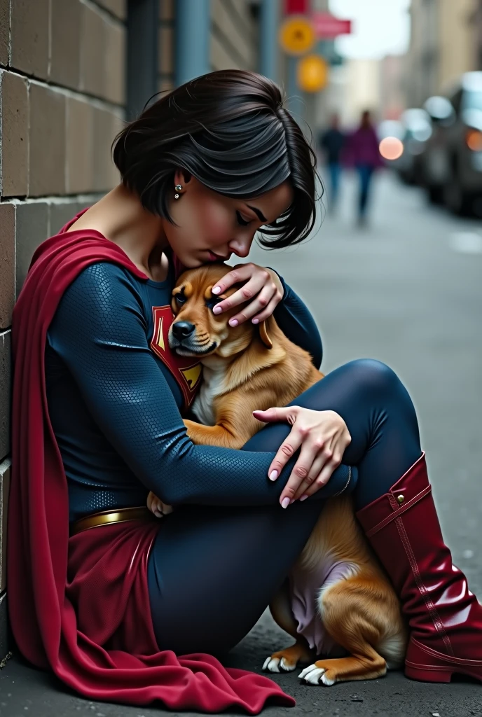 Short haired brunette woman wearing a superman costume, physically strong, sitting on the asphalt street, Hugging a dog, Grieving, side perspective, sobbing.