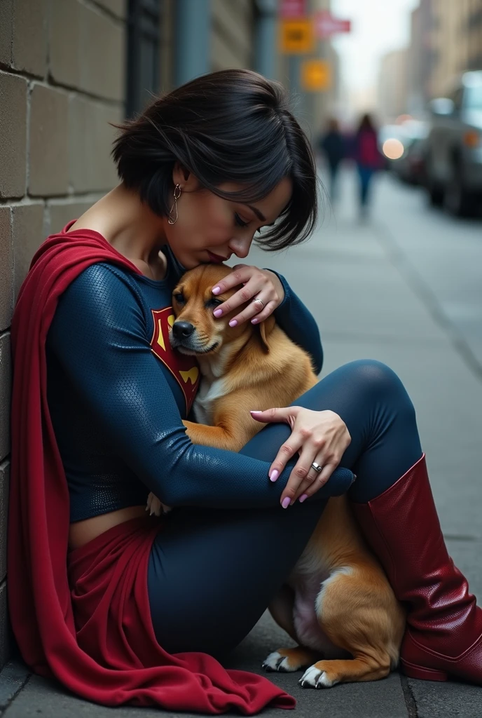 Short haired brunette woman wearing a superman costume, physically strong, sitting on the asphalt street, Hugging a dog, Grieving, side perspective, sobbing.