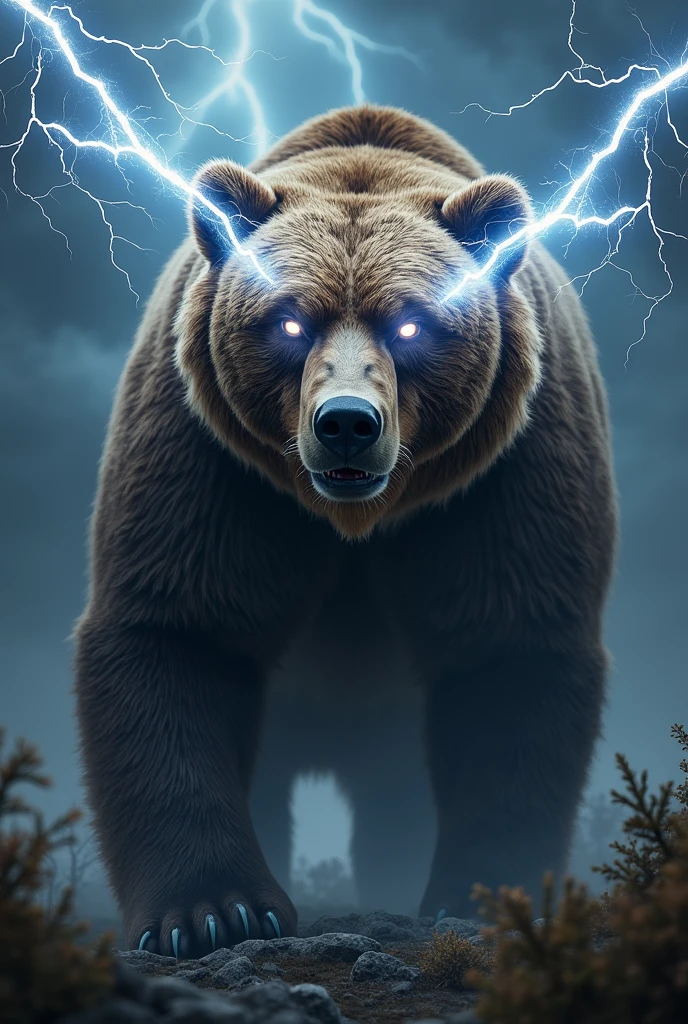 Generate a image of a grizzly bear with lightning coming out the bears eyes as thunder bolts