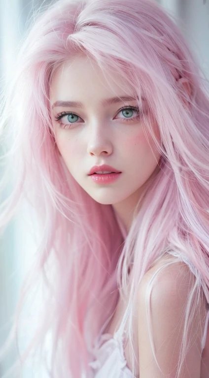 young woman, peach skin, short pink hair, wide forehead, big green eyes, buttoned nose, big pink lips, slender body, small breasts, medieval period clothing, deep neckline, Sakura Haruno, 3d
