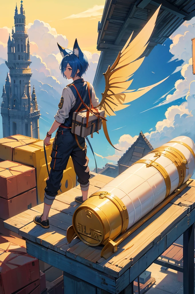 fullbody, blue hair, yellow highlights, short hair, ahoge, fox ears, fox tail, long tail, fox, red, gold, grey, mail, courier, male, young boy, wings, sky, fantasy, paw,
