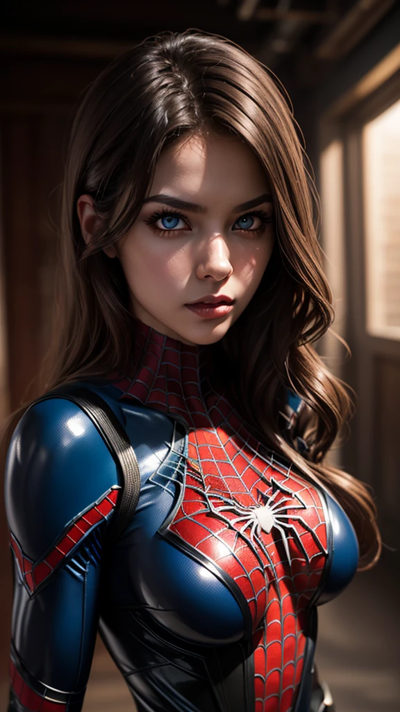  girl cosplay spider-man, posing in full height , big breasts, voluminous breast, 2 girls, Divine face, Beauty faces, high detail, Lip beauty, Photorealistic, Ultra realistic, Background, rtx on, color correction, perspective, depth of field, line of sight, tonal colors, 8 k, Full HD, perfectionism, rim lighting, daylight, soft lighting, Accent lighting, Diffraction assessment, hot woman , Super detailed, (( Detailed Beautiful brown Eyes )) , ( light brown hair ) , long hair, ( closed latex spider-man costume blue-red ) 