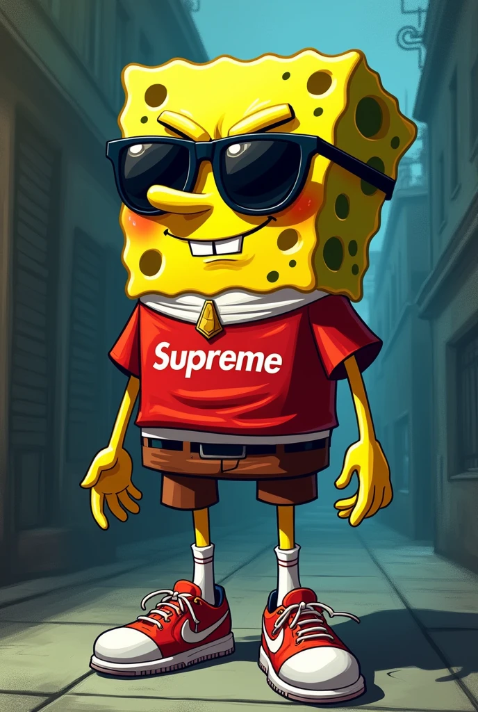SpongeBob squarepants but with supreme drip shirt and Nike shoes and shades and he is criminal and he said "Nah I'd win.."