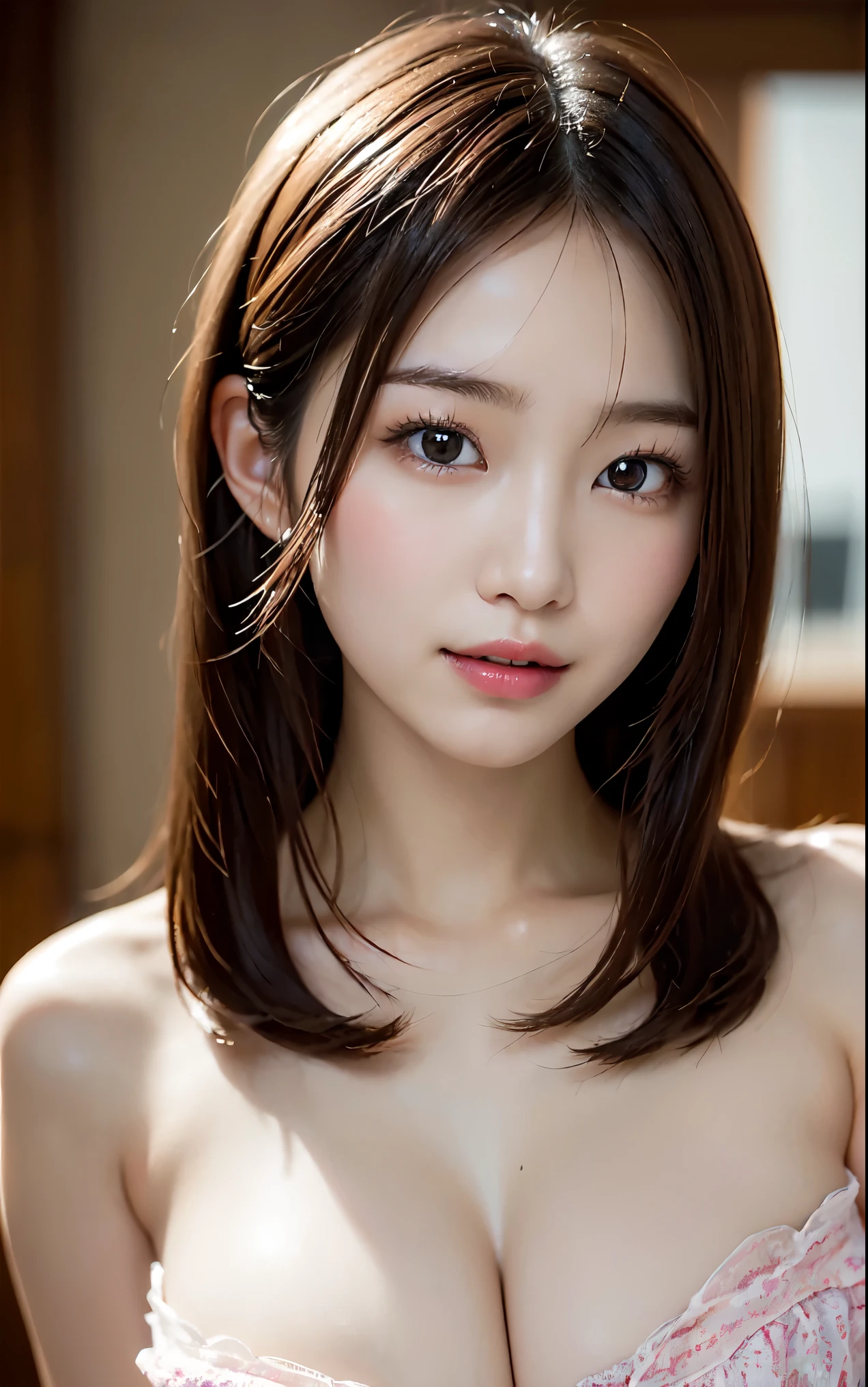 incredibly absurd, beautiful and cute 20-year-old Korean girl with a photorealistic face, showcasing top-quality craftsmanship. Her slender frame adorned with short, messy hair. The artwork high-resolution, allowing for ultra-detailed features to be captured flawlessly. The focus lies on the realistic pupils, showcasing depth and emotion. ((breasts out)) cute smile.