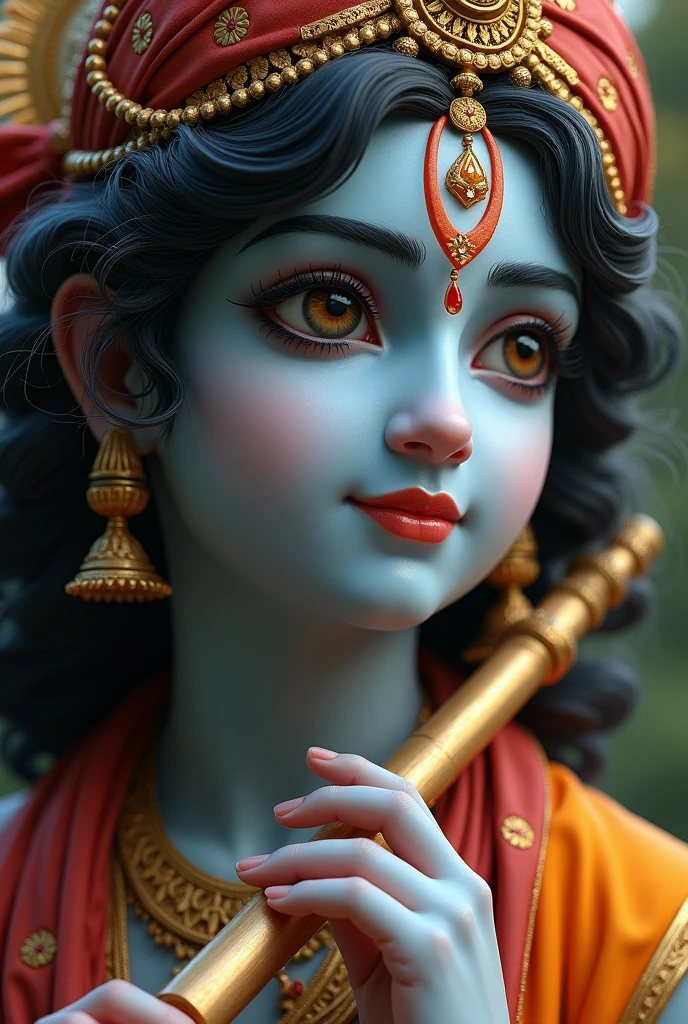 Krishna ,flute in hand, only face , peacock