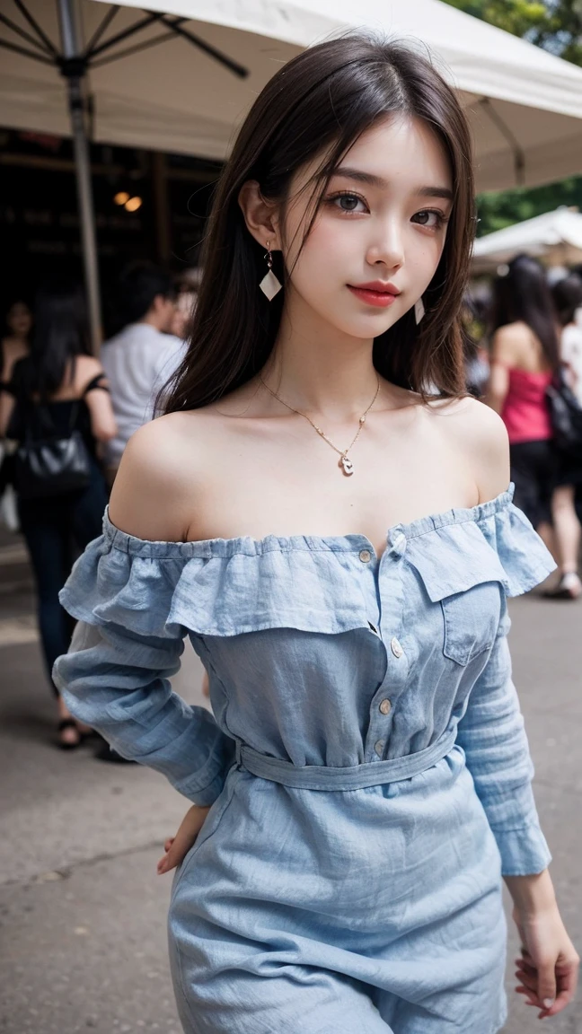 ((Downtown in Phuket)), (Walking along the street), (masterpiece:1.3), light makeup, red lips, beautiful hair, Black hair, (Medium hair:1.3), elegant, soft lighting, Very fine details, masterworks, authentic texture, perfect work, (1 girl), (One Woman), 16k, high resolution, exquisite features, brown eyes, (Ultra-high resolution eye:1.1), Japanese idol, beautiful face, ((artists work)), (photorealism:1.2), (gentle smile like a goddess), attractive, well-shaped breasts, beautiful cleavage, shiny skin, smooth skin, BREAK, (Linen off-shoulder summer dress:1.3), earrings, necklace, BREAK, Full-body, walking position, (Walking through the weekend market), (Model pose with legs apart), BREAK, Place your hands behind your back, (Asking for a kiss:1.2), (lovely smile), shoot from above, (Close up:1.2),