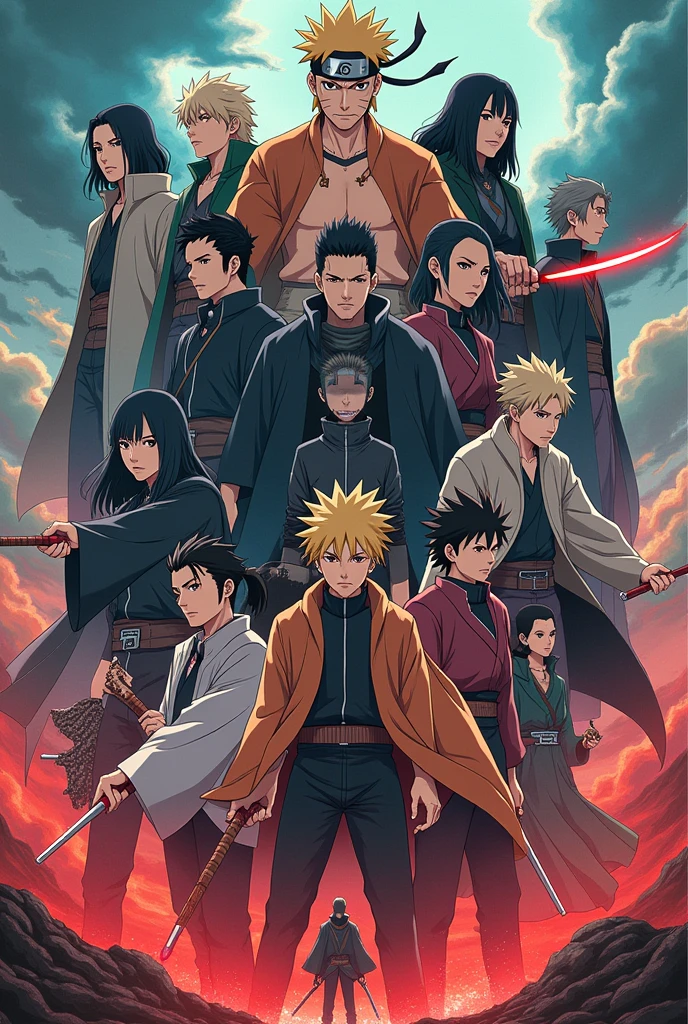 Make an ultra HD image in which all famous characters of anime are like from demon slayer (tanjiro) , Yuji itadori, narutu , etc, all in one frame
