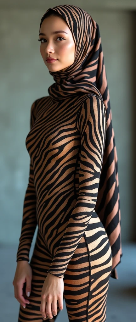 The beautiful,thin and prettiest asian muslimah adult girl with beautiful cheeks wears zebra print lycra footed turtleneck unitard catsuit covered with stripes and zebra print lycra elastane stretchy dancewear hijab covered with stripes.