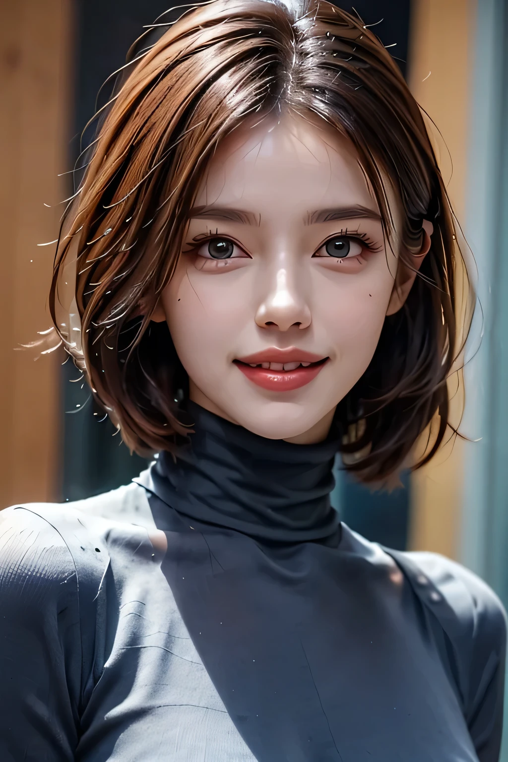 ((masterpiece)), ((Highest quality)), ((Complex)), ((Surreal)), (Realistic), (Mature Woman), ((There are no classes)), Very detailed, (1 female), Beautiful and exquisite, (Beautiful Teeth), Grin, Brunette bob hair, Brown eyes, ((Blue turtleneck)), (Upper Body), (background:none), Perfect Eyes, Captivating eyes, Looking at the audience