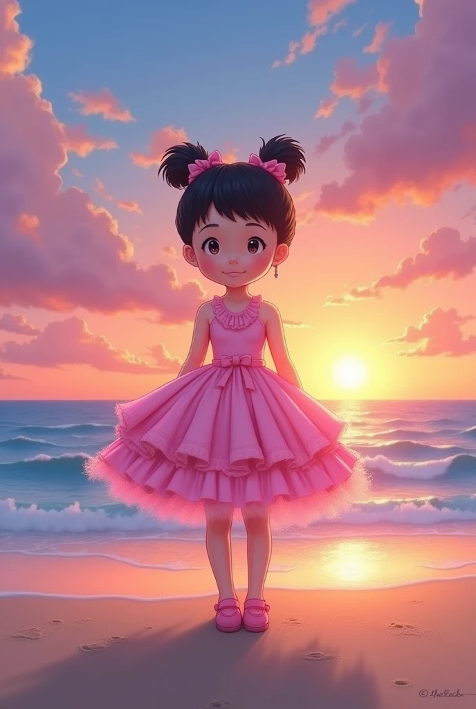 Man connector Nobi Nobita in the cartoon Doraemon, wears a pink barbie dress on the beach at dusk