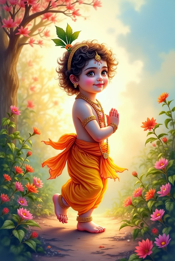 Cute Lord krishna janmashtami special watercolor painting with vibrant background with glow in his back
