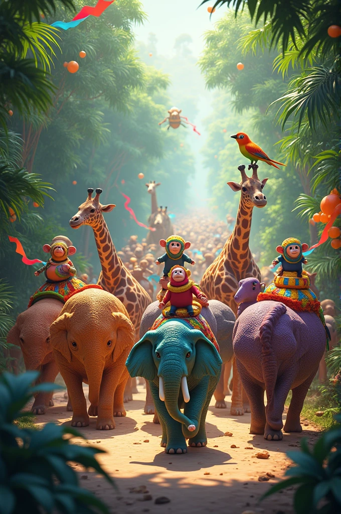 In the jungle, there's a parade,
With animals of every shade.