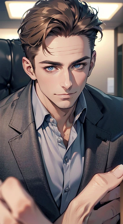 (best quality,4k,8k,highres,masterpiece:1.2),ultra-detailed,(realistic,photorealistic,photo-realistic:1.37),1 man,3,mature man,very handsome,without expression,smile,short grey brown hair,blue eyes,penetrating gaze,perfect face without errors,imposing posture,businessman,office background,cinematic lighting,hdr image