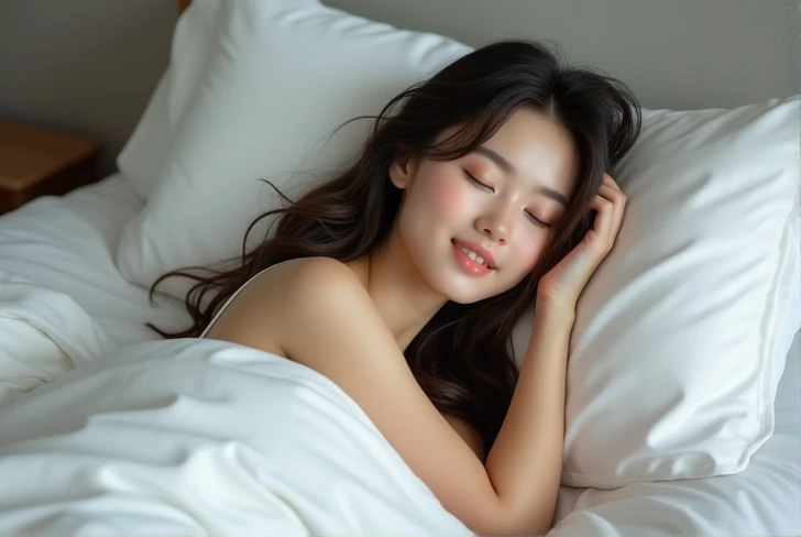a picture of a very beautiful woman happily lying in bed