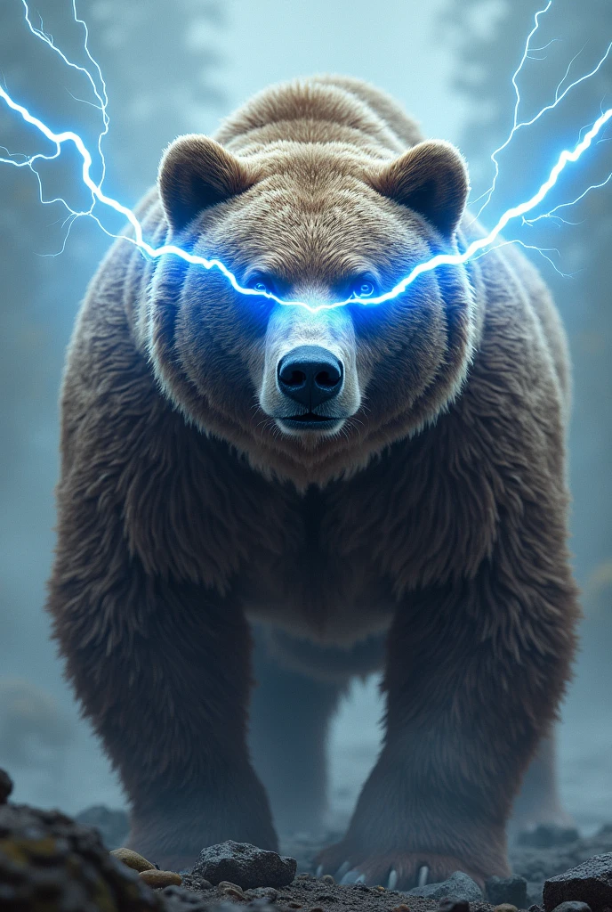 Generate a image of a grizzly bear with lightning coming out the bears eyes as thunder bolts make it simple 