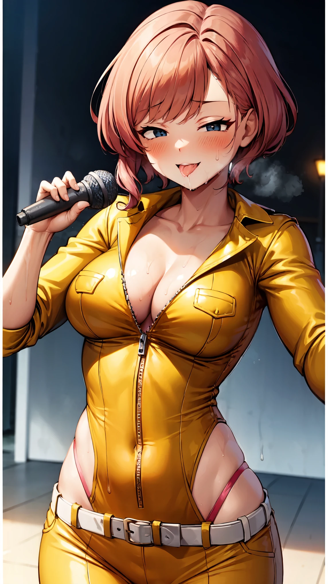 （（super high quality,Ultra-high resolution,16K,super masterpiece,Ultra HD ,Detailed shading,））A dimly lit park at night,Sexy woman,Cleavage,Yellow jumpsuit,White belt at waist,popped Tight collar,smile,blush,Sweaty,holding a microphone in his hand,Licking the microphone,A small amount of drooling,Love juice overflows from the crotch,