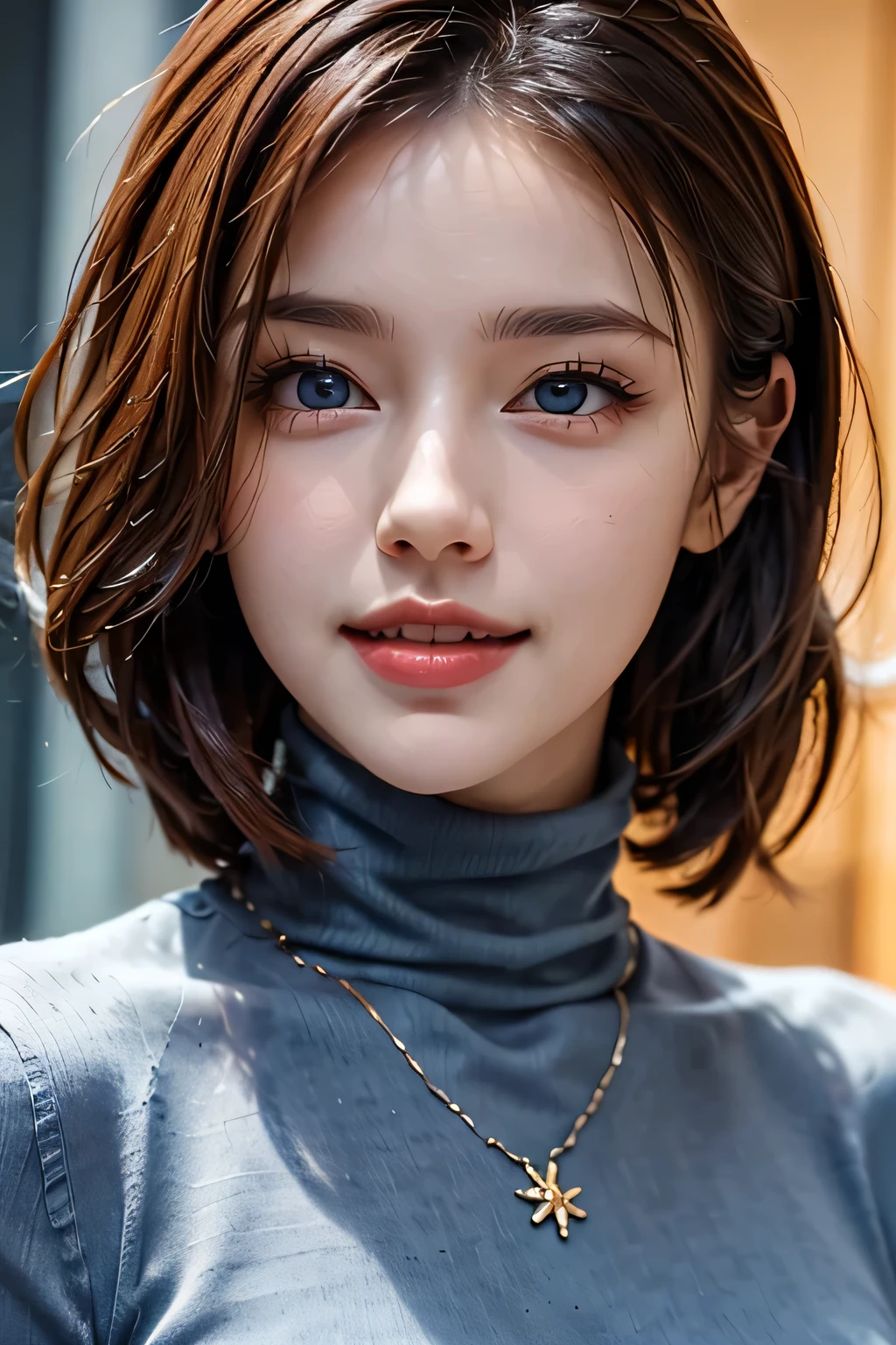 ((masterpiece)), ((Highest quality)), ((Complex)), ((Surreal)), (Realistic), (Mature Woman), ((There are no classes)), Very detailed, (1 female), Beautiful and exquisite, (Beautiful Teeth), Grin, Brunette bob hair, Brown eyes, ((Blue turtleneck)), (Upper Body), (background:none), Perfect Eyes, Captivating eyes, Looking at the audience