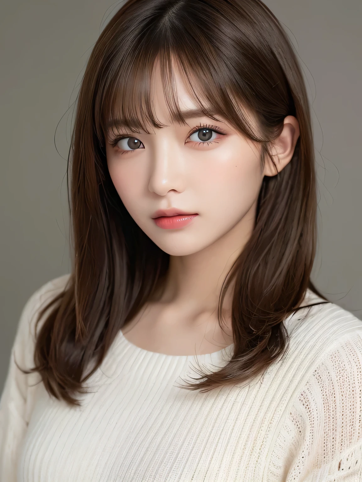 ((Browsing Caution))、(masterpiece:1.5)、(8k)、(Realistic:1.5)、RAW Photos、(Best image quality:1.4)、(Sharp focus:1.5)、 Highest quality、masterpiece、Ultra-high resolution、Perfect dynamic composition、 20-year-old、thin、Beautiful woman:1.4、Serious expression、 She is wearing a white long-sleeved knit dress.、 Light brown hair、Bobcut、Shiny Hair、 Highly detailed face、Detailed eyes、double eyelid、 Natural color lip、Beautiful Skin、