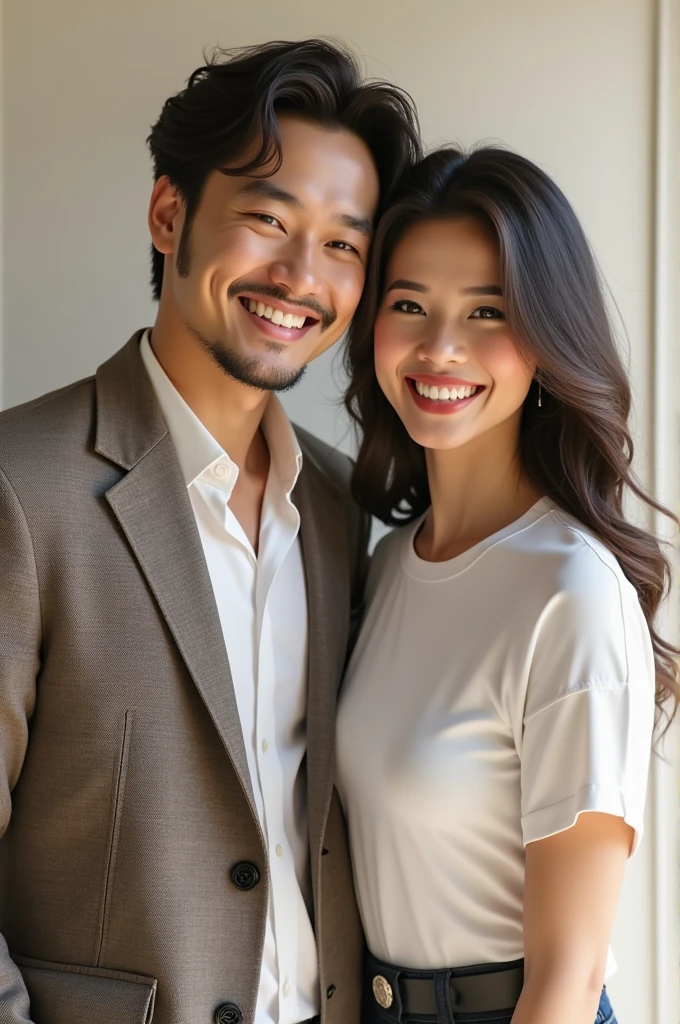 3D photo of a couple wearing a blazer called EBS for guys,girl name STRD wearing white t-shirt smiling