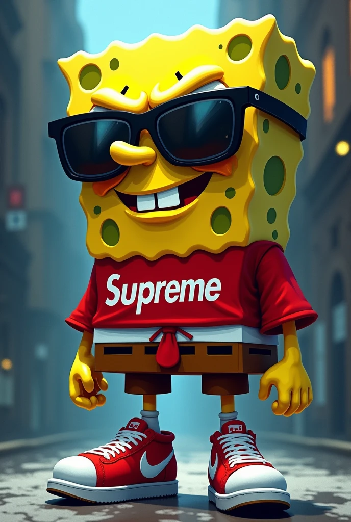 SpongeBob squarepants but with supreme drip shirt and Nike shoes and shades and he is criminal and he said "Nah I'd win.."
