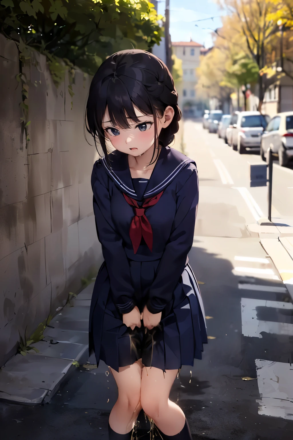 (a woman is hiding in the shadow and leaving from street, tree, fence), (((round face, drooping eyes))), hentai, ((navy sailor suit, pleated skirt, sailor scarf, white-socks, loafers)), (((incontinent, peeing, humiliated))), (((pee dripping from the crotch))), embarrassing, outdoor, braiding, thighs,