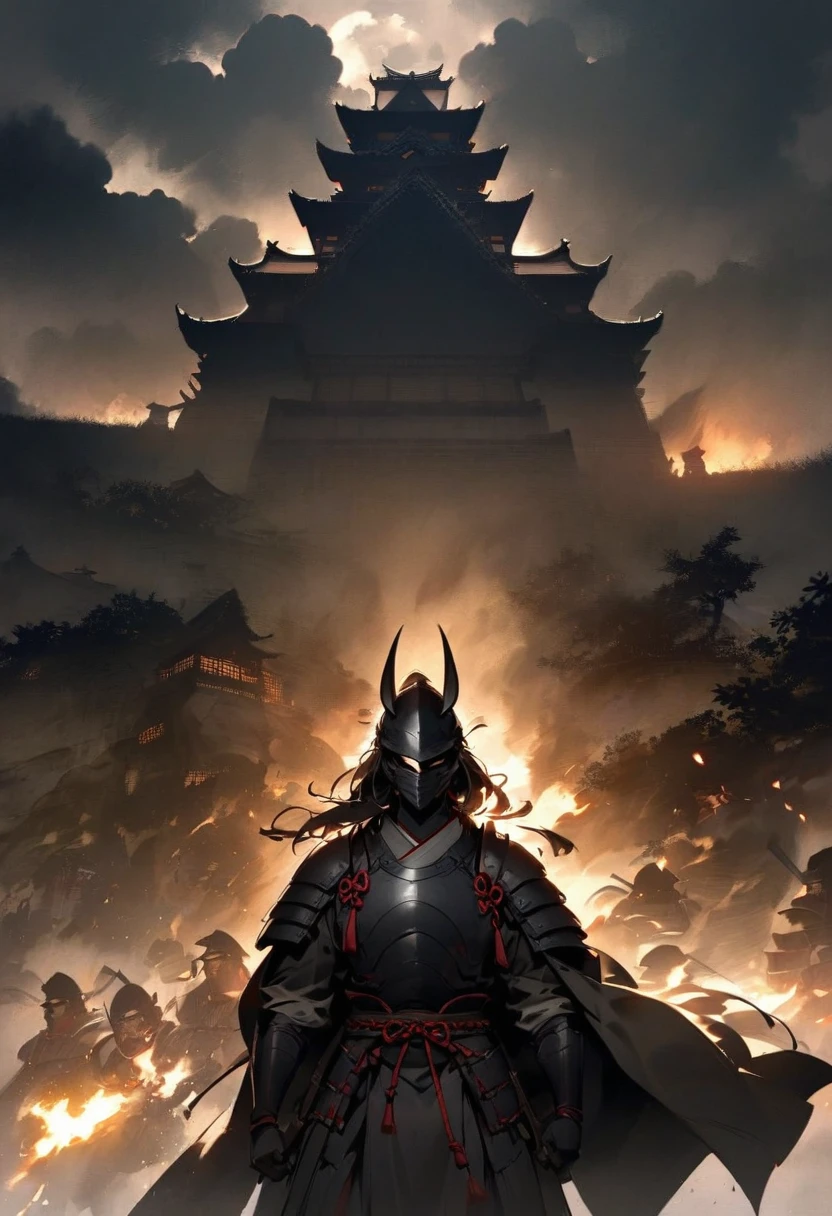 A mysterious and atmospheric scene depicting a shadowy samurai standing in front of a dimly lit, ancient Japanese castle. The samurai's face is obscured by their helmet, and only their silhouette and the distinctive outline of their armor are visible. The surrounding environment includes dark clouds and flickering torches, creating a sense of suspense and anticipation.