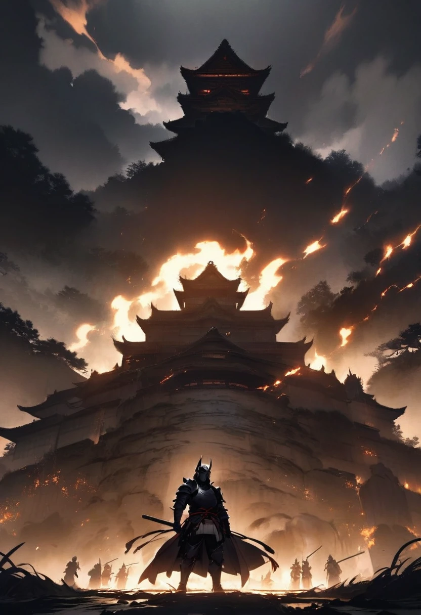 A mysterious and atmospheric scene depicting a shadowy samurai standing in front of a dimly lit, ancient Japanese castle. The samurai's face is obscured by their helmet, and only their silhouette and the distinctive outline of their armor are visible. The surrounding environment includes dark clouds and flickering torches, creating a sense of suspense and anticipation.