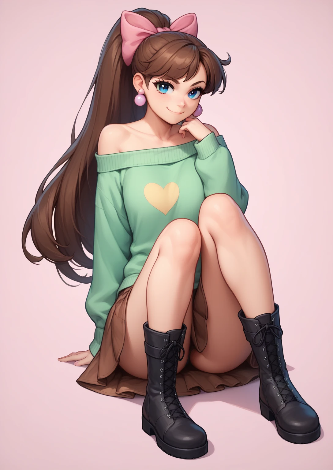 1girl, solo, female timmy turner. green off shoulder oversized baggy sweater with a C on the front, brown skirt, pink bow in hair, blue eyes, long brown hair in a ponytail, black boots, pink pearl earrings, pale pink background, smirk, full-body, sexy pose