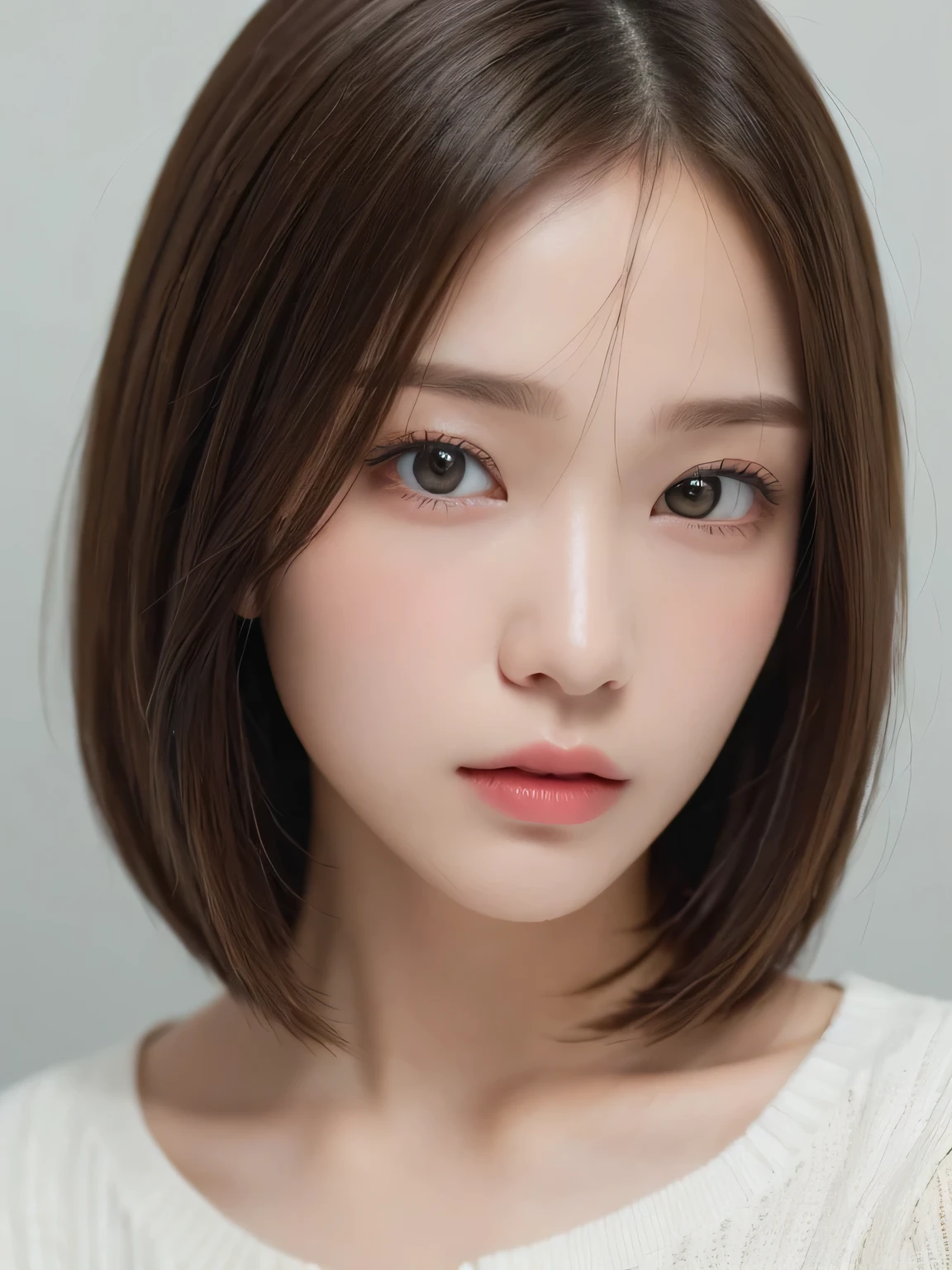 ((Browsing Caution))、(masterpiece:1.5)、(8k)、(Realistic:1.5)、RAW Photos、(Best image quality:1.4)、(Sharp focus:1.5)、 Highest quality、masterpiece、Ultra-high resolution、Perfect dynamic composition、 20-year-old、thin、Beautiful woman:1.4、Serious expression、 She is wearing a white long-sleeved knit dress.、 Light brown hair、Bobcut、Shiny Hair、 Highly detailed face、Detailed eyes、double eyelid、 Natural color lip、Beautiful Skin、