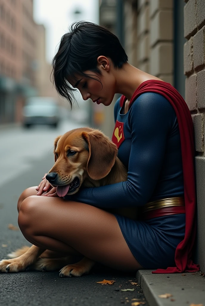 Short haired brunette woman wearing a superman costume, physically strong, sitting on the asphalt street, Hugging a dog, Grieving, side perspective, sobbing.