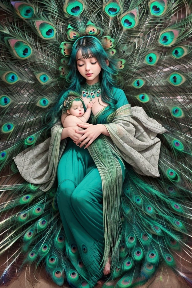 arafed baby sleeping in a blanket with a peacock feather, a photo inspired by Anne Geddes, shutterstock contest winner, art photography, peacock feathers, 9 peacock tails, green feathers, peacock feather wrap the head, award winning studio photo, peacock colors, 9 brilliant peacock tails, peacock