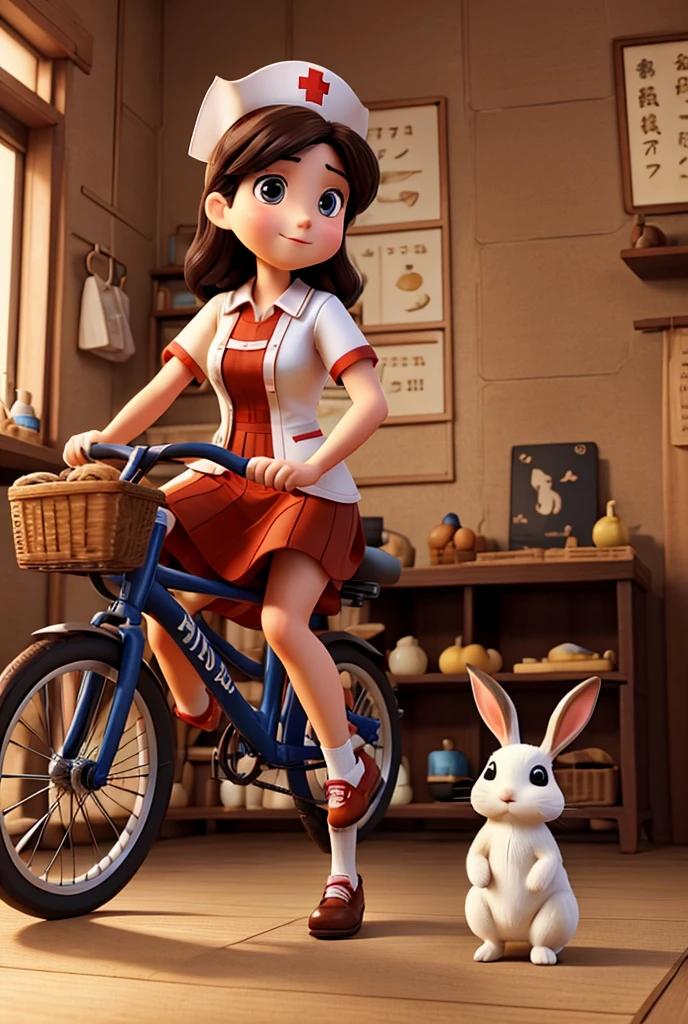 Dark-haired nurse riding a bicycle、He has a rabbit with peanuts。