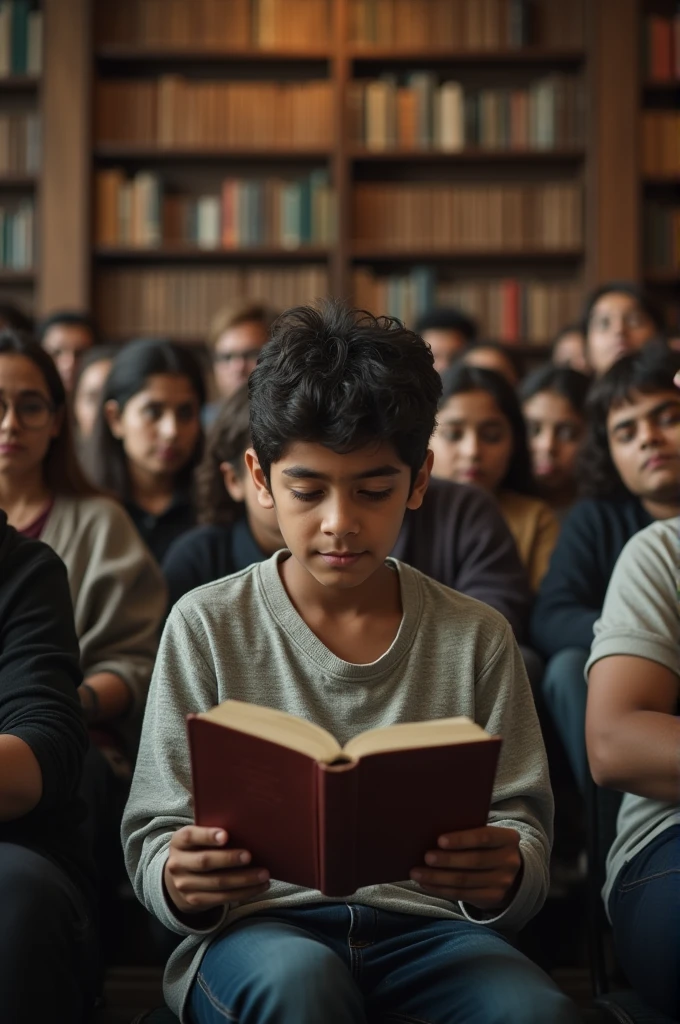 Make a cinematic , realistic image of Pakistani Boy wearing a casual clothes .
Explore the Books in library.behind him in a shocking audience giving thier reactions .he is sitting and still reading the book.4k aspect ratio of 16:9