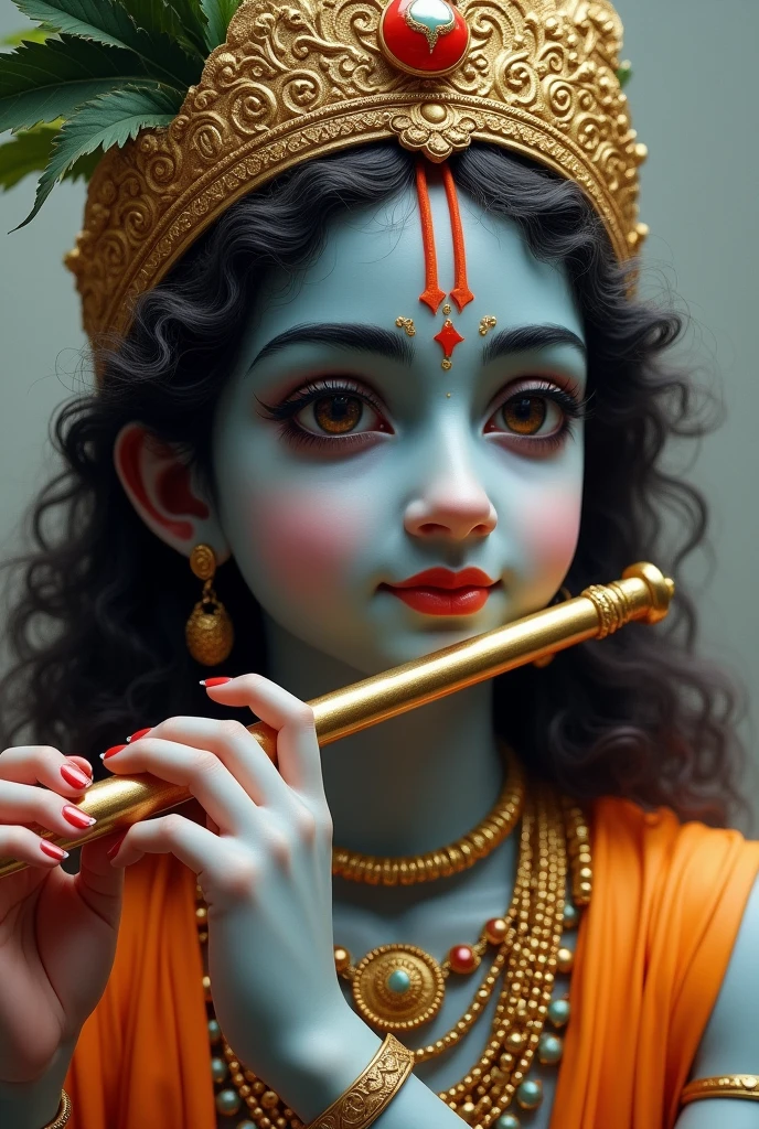 Krishna ,flute in hand, only face , with a peacock