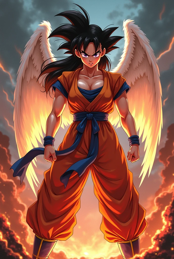 Goku girl sexy body anime hell background Angel wings angry face fighting pose cute ultra instinct Ora 