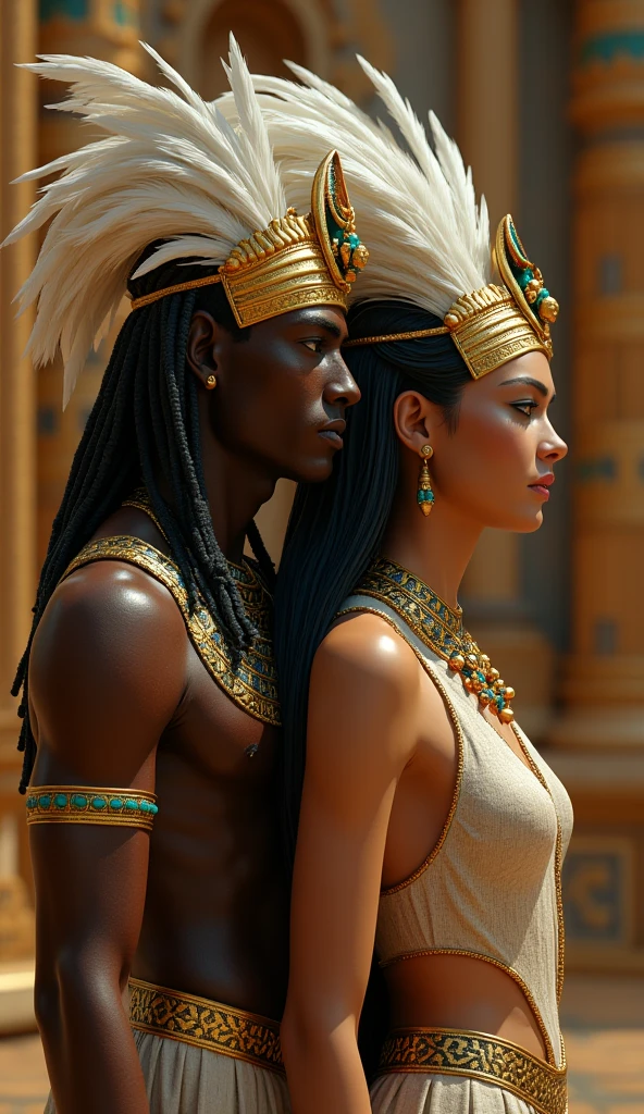 Design an image of Shu and Tefnut together in Egyptian mythology, with Shu as a male figure with dark brown skin, green eyes, and a feathered headdress, and Tefnut as a female figure with light brown skin, blue eyes, and long black hair. They should be depicted in a scene symbolizing the creation of order, with traditional Egyptian aesthetics and elements. Use masterpiece, best quality, CG, wallpaper, HDR, high quality, ultra detailed face, cinematic, high detail, 8k, raw, high, artstation HQ, unreal engine, octane renderer, 4k resolution, hyperrealistic, highly detailed, and absurdres settings