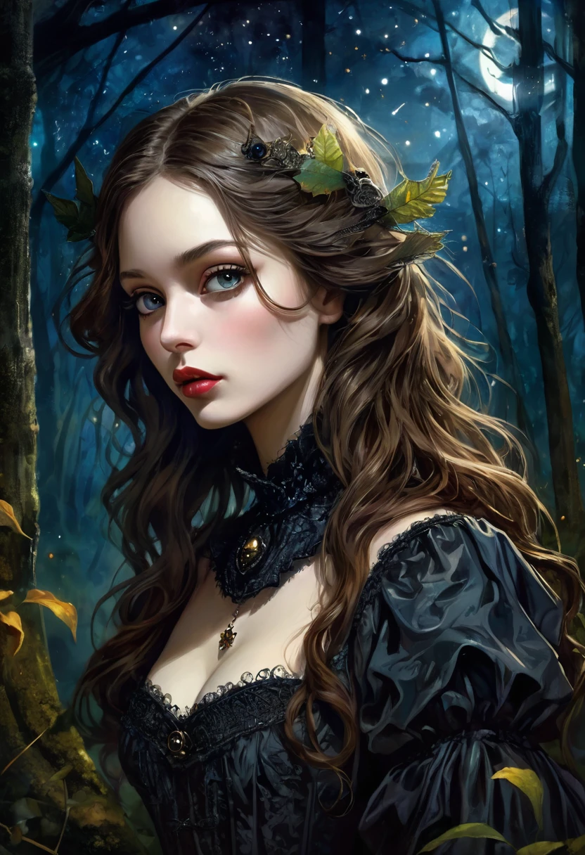 portrait, elegant frame, sexy monster girl, long brown straight hair, sexy, small breasts, sexsexsex, dirty black booger costume, elegant victorian era dress, magic, fantasy, sinister forest background at night, with stars and nebulae,(best quality, 4k, 8k, high resolution, masterpiece: 1.2), ultra-detailed, (realistic, photorealistic, photorealistic: 1.37), details intricate, vivid colors, sharp focus, professional, Dave McKean artwork, surrealism oil touch, oil painting style, portrait, woman, beautiful detailed eyes, beautiful detailed lips, dreamy atmosphere, shadow play, lighting soft, fun pose, dark tones, ethereal background, fantasy elements, texture, layered composition., art inspired by Bill Sienkiewicz and Dave McKean