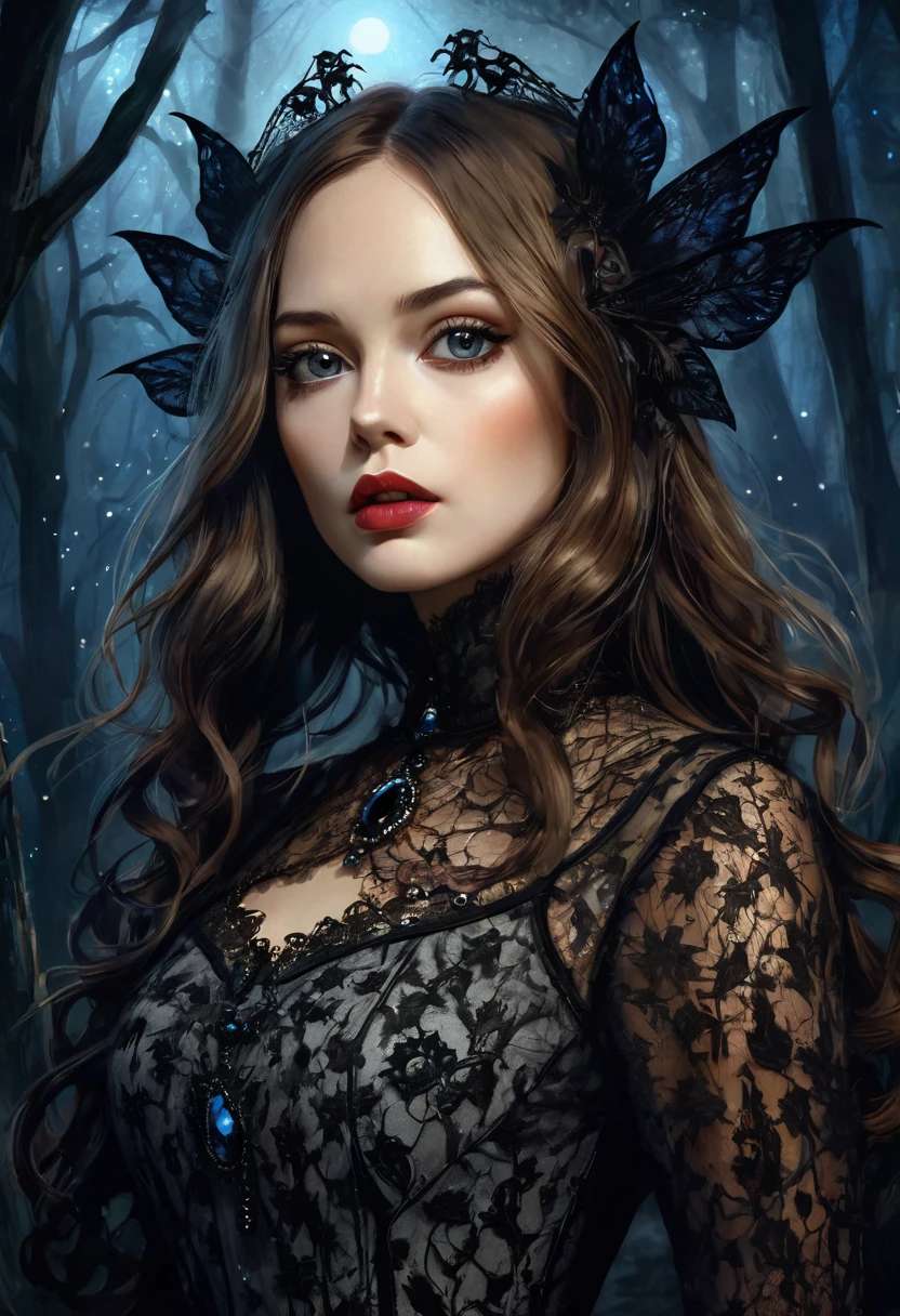 portrait, elegant frame, sexy monster girl, long brown straight hair, sexy, small breasts, sexsexsex, dirty black booger costume, elegant victorian era dress, magic, fantasy, sinister forest background at night, with stars and nebulae,(best quality, 4k, 8k, high resolution, masterpiece: 1.2), ultra-detailed, (realistic, photorealistic, photorealistic: 1.37), details intricate, vivid colors, sharp focus, professional, Dave McKean artwork, surrealism oil touch, oil painting style, portrait, woman, beautiful detailed eyes, beautiful detailed lips, dreamy atmosphere, shadow play, lighting soft, fun pose, dark tones, ethereal background, fantasy elements, texture, layered composition., art inspired by Bill Sienkiewicz and Dave McKean