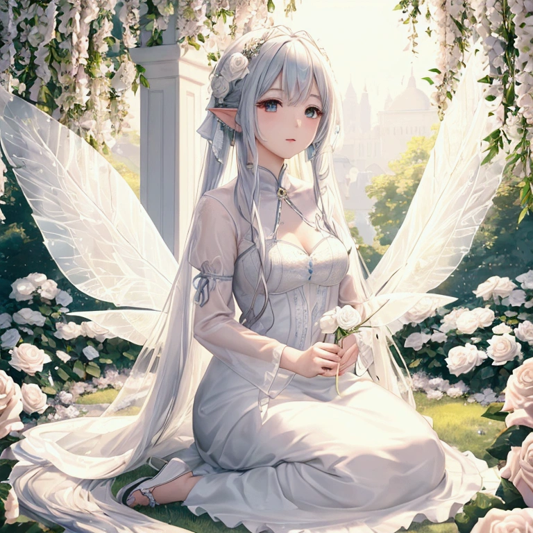 Close-up macro 2D rendering animation，A white fairy，With transparent wings and long golden hair，Sitting on top of white roses in the garden。Rose flower with many petals，in full bloom。The background is a lush green garden，There are more roses and plants。The image has an anime style，With maximum detail and high definition。Overall image illuminated by sunny morning light。
