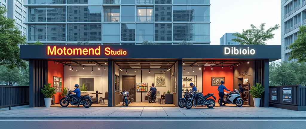 Generate a realistic, horizontally shop width lenthy more more expended part by part room 1 part Service point, 2 part waiting room, 3 part payment reciption same floor extended image of a one-floor bike servicing center named 'MotoMend Studio' in a roadside city area. The design should clearly show three sections: a service point with three mechanics working on bikes visible through a glass front, a customer waiting room with comfortable seating and customers waiting, and a reception area on one side. Also, include a corner with a showcase wall displaying parts, helmets, and engine oil. The center should be clean, organized, and modern. The exterior should feature a well-paved road, a few trees, and surrounding buildings, creating a lively city atmosphere. The 'MotoMend Studio' branding should be prominently displayed on the glass door and signage one floor and one side customer wait in sofa hand tea