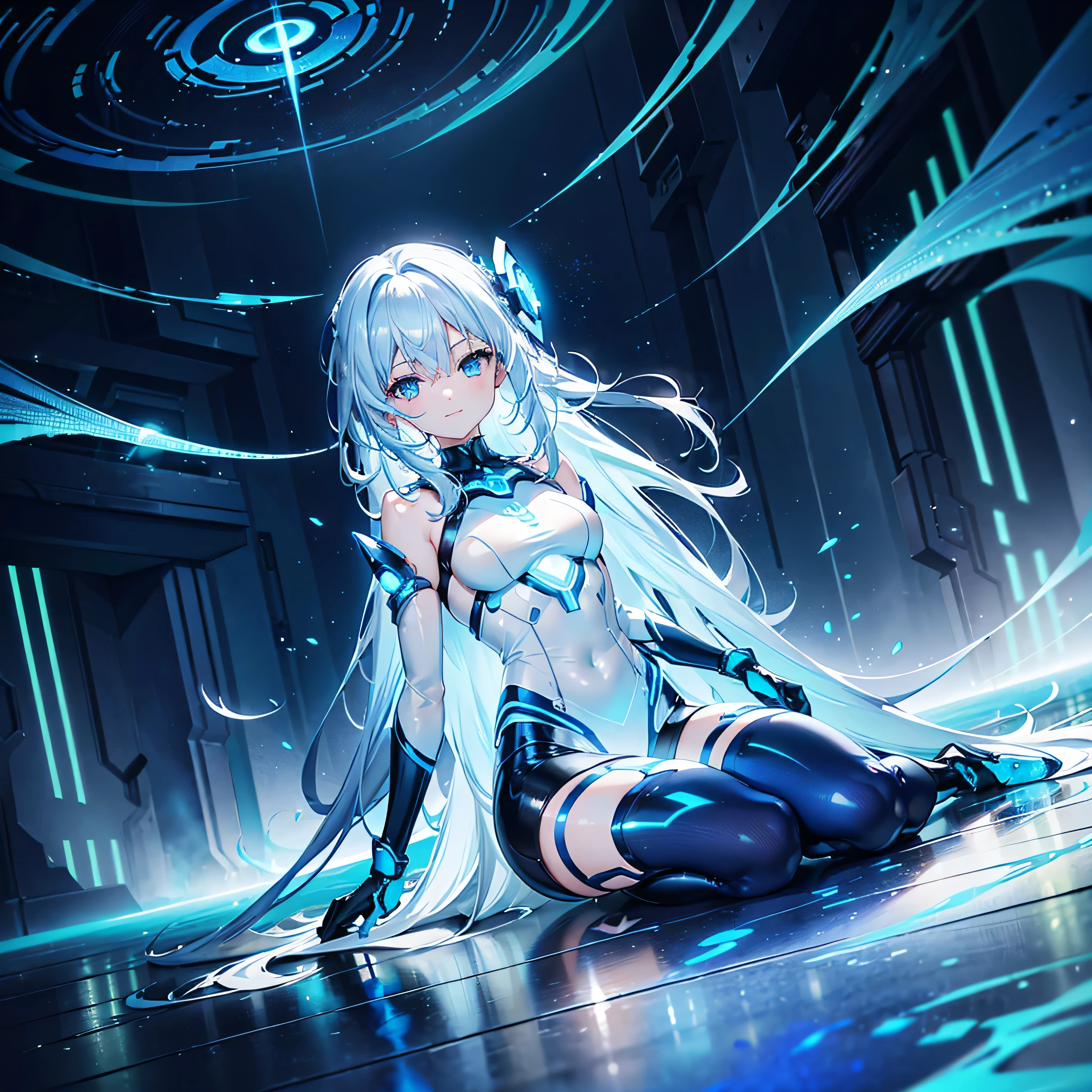 8K, Highest quality, (real:1.4), Original photo, 1 girl, Asari Hair, Biological Amplifier, Very sleek and futuristic armor, posture: Peace talks between warring factions,,attention arousal, smart blue eyes,A modest smile,Knee-high boots,Patent-look blue tights,Blue big moon and blue light swirl in the background,Blue light from behind,blue light magic,A small, glowing blue ball in the palm of your hand,Blue flame swirl,Blue Comet,Polished floor,