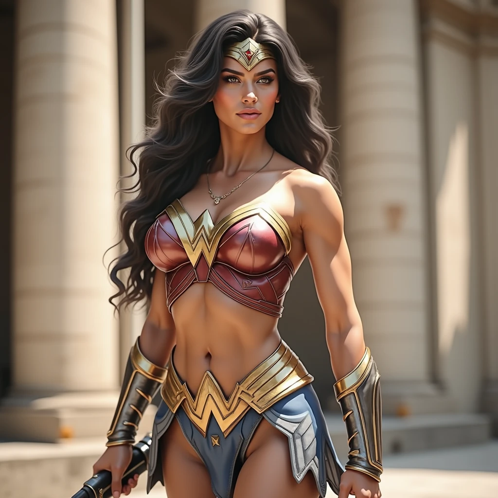 Real life wonder woman with large breast and six pack abs wearing headband and hand wraps