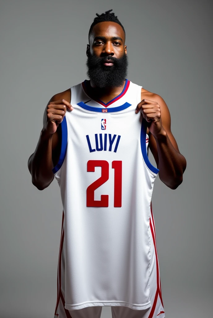 "Make a picture of James Harden holding the Clippers jersey in his hand ( that the last name of the shirt is LUIYI and the number of the shirt is 21