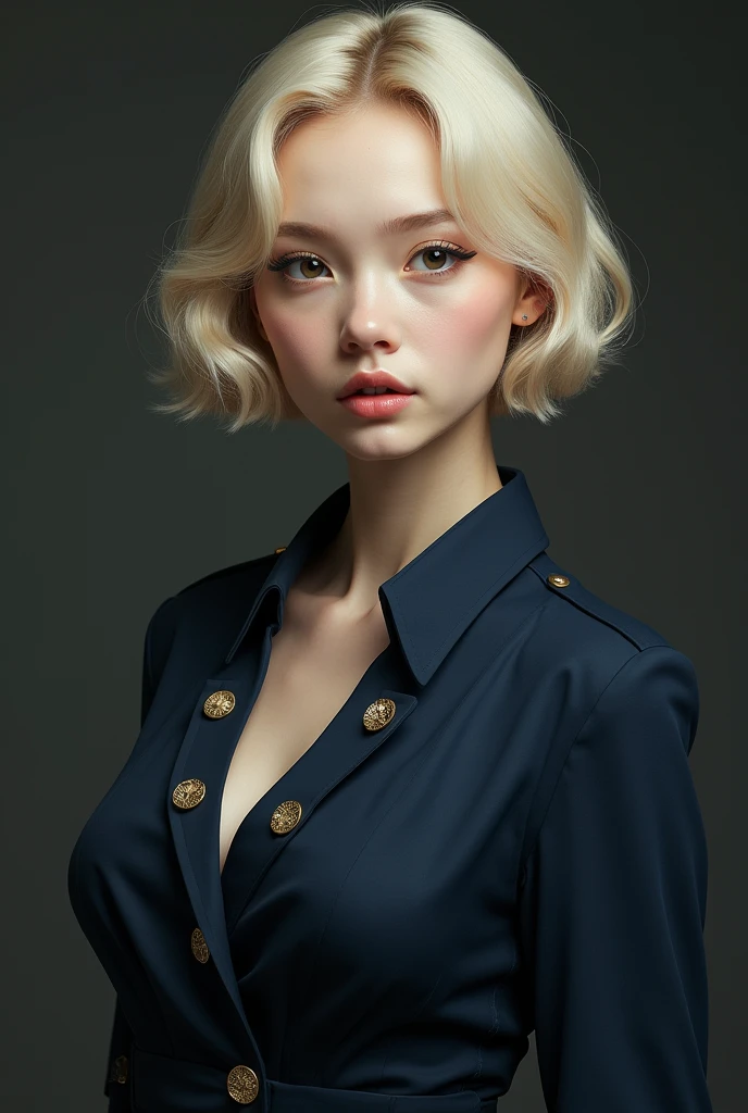 A girl with short neck-length blond hair, with black eyes, white skin, pinky lips, a mole besides her mouth, skinny body, big breasts, wearing a dark blue uniform with golden buttons