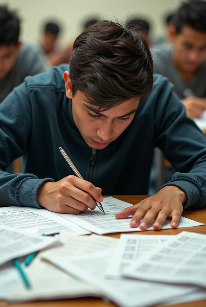 Genrate a pic of student with dedication of writing exam Remove women in background and he writing lots of answer sheets with over confidence