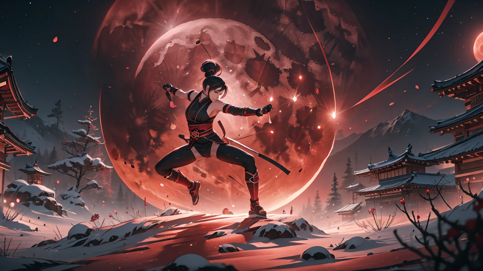 a kunoichi, in the shadows, red moon behind, ninja position, ultra detailed, with lots of details, sparkles, and a well-crafted scenario