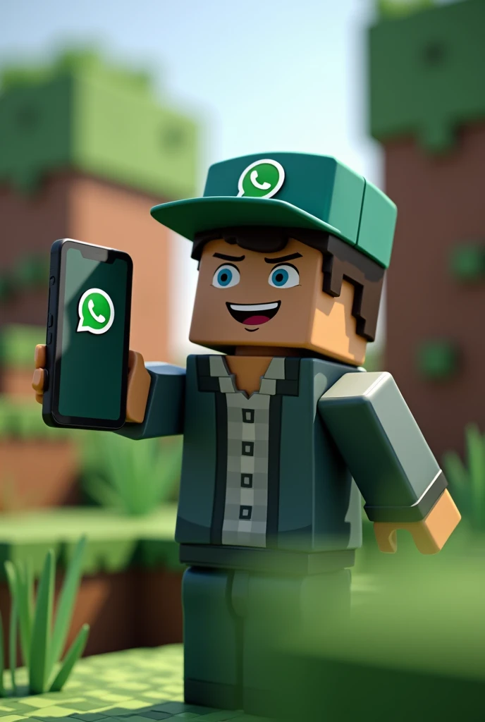 A Minecraft guy holding a cell phone showing the WhatsApp logo but in the Minecraft world, improve in everything, put on a whatsapp cap, make him well dressed, Make him happy