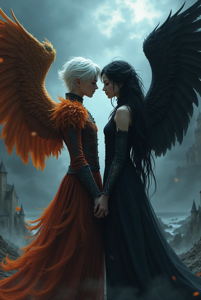 A 1 fair haired male, half human and half phoenix wearing elegant clothes standing next to a beautiful dark haired female, half human and half raven. The boy has fiery phoenix wings and The girl has black scary wings. The boy has short white hair and the girl has long black hair. They jave serious expressions and are holding hands. The background is dark with thunderstorms and with a crumbling castle far away.
