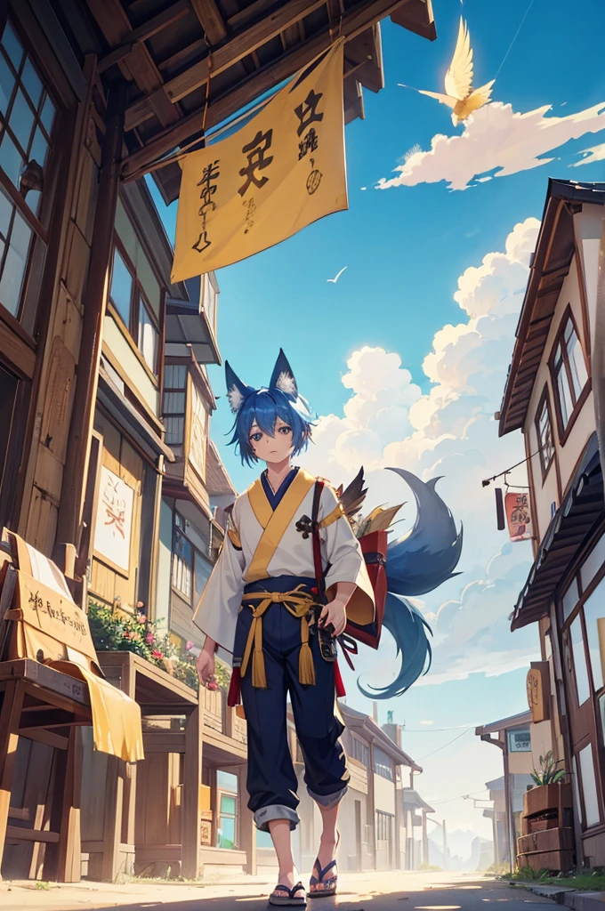 fullbody, blue hair, yellow highlights, short hair, ahoge, fox ears, fox tail, long tail, fox, red, gold, grey, mail, courier, male, young boy, wings, sky, fantasy, paw, japanese, tassels,