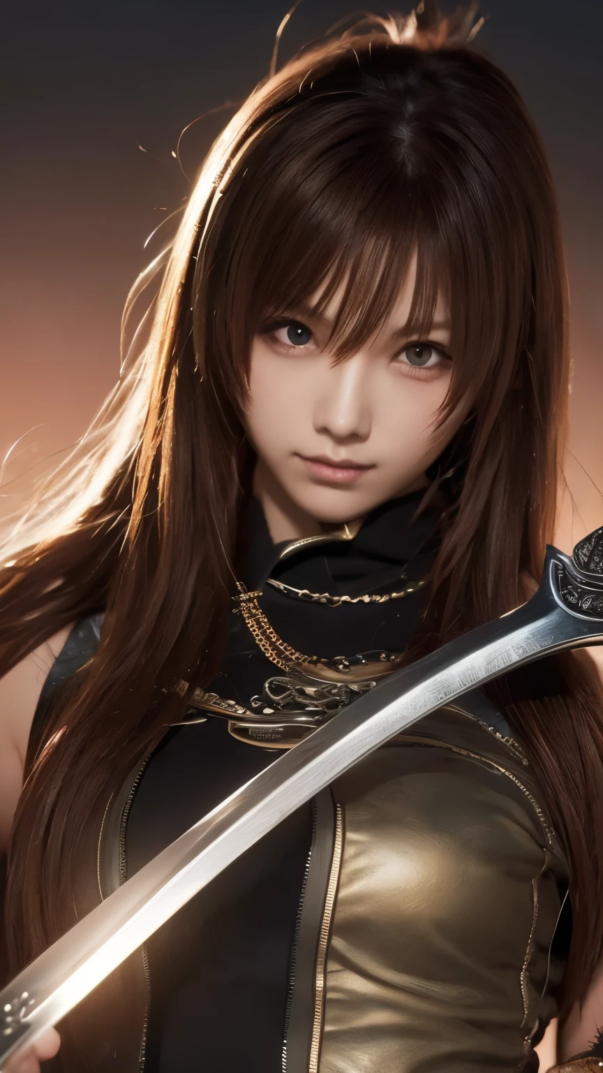 game「Final Fantasy」Theme. Image of a bronze-haired girl standing with her favorite sword , pastel colour, Dramatic Tone. Highest resolution masterpiece , Image Type: Semi-Real